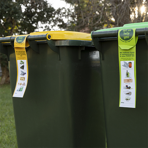 Yellow and green bin with contaiminated bin tags on them.