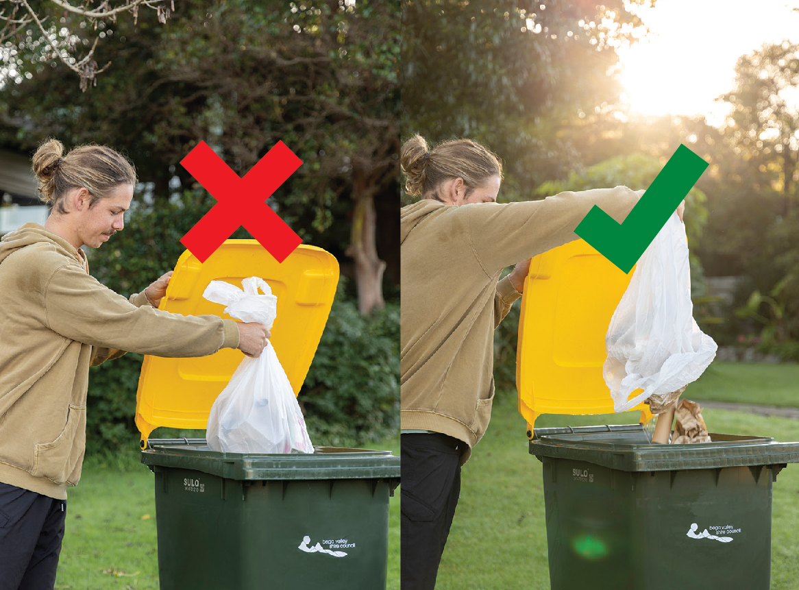 Teenager emptying recycling rubbish into the yellow bin from a plastic bag.